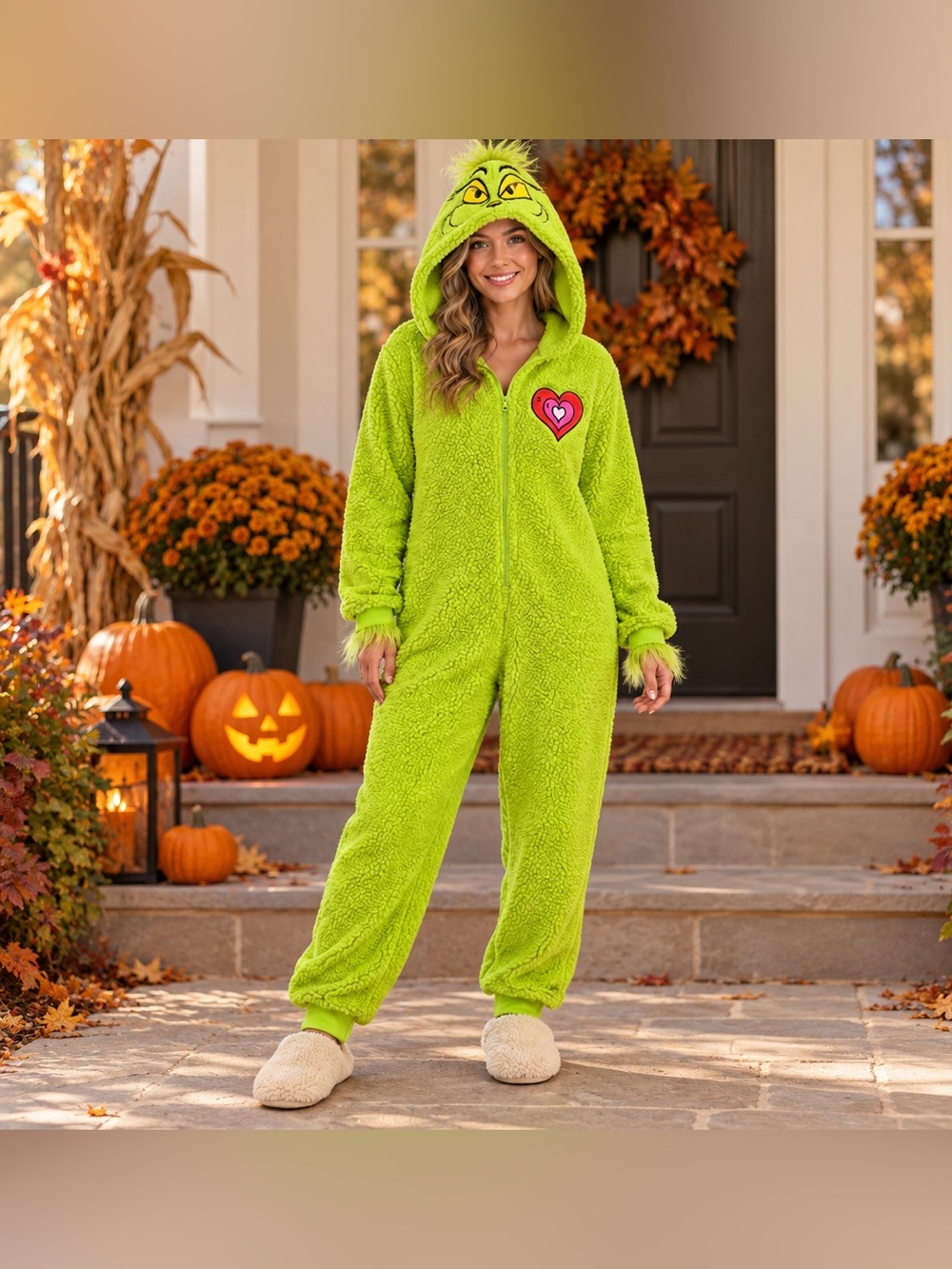 Dr. Seuss Grinch Halloween Costume Adult XL Green Sherpa Hooded Zip Up